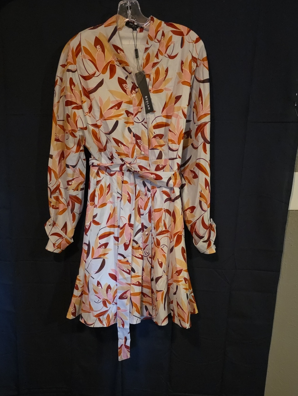 Beulah Long-Sleeve Leaf Print Shirt Dress in Cream and Orange